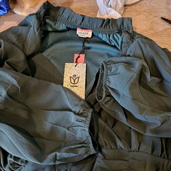 Andree By Unit 2X Dress Dark‎ Teal Chiffon Layered Longsleeve Blue Green Lined - Picture 11 of 13